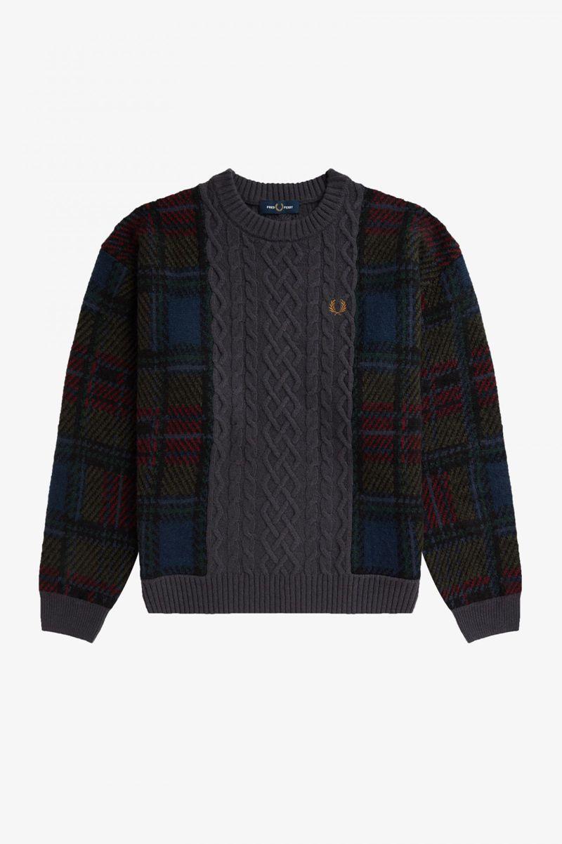 Black Fred Perry Tartan Panel Cable Knit Jumper Women's Knitwear | PH 1934UZGT